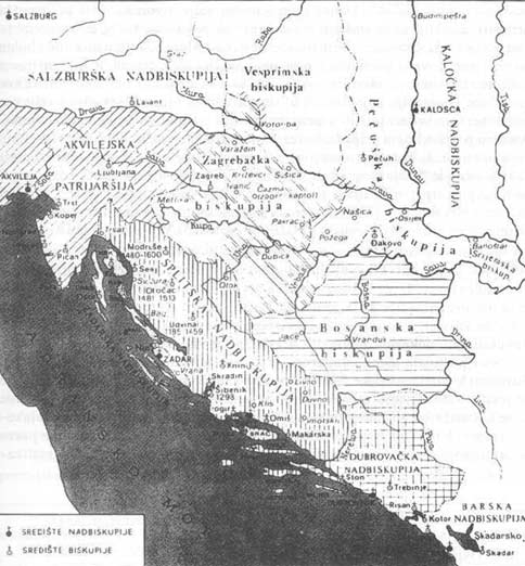 Zemljovid 22. Teritorijalna organizacija crkve u Hrvatskoj i Bosni ( prema N. Klaic \\\\\\